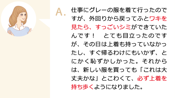 仕事にグレーの服を着て行ったのですが、外回りから戻ってふとワキを見たら、すっごいシミができていたんです！　とても目立ったのですが、その日は上着も持っていなかったし、すぐ帰るわけにもいかず、とにかく恥ずかしかった。それからは、新しい服を買っても「これは大丈夫かな」とこわくて、必ず上着を持ち歩くようになりました。