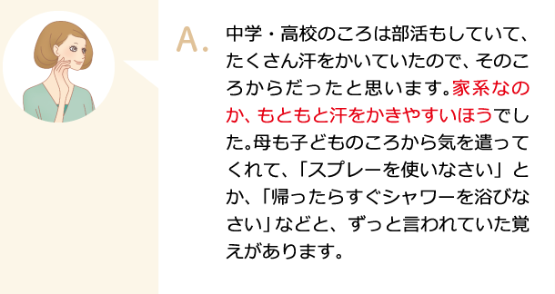 中学・高校のころは部活もしていて、たくさん汗をかいていたので、そのころからだったと思います。家系なのか、もともと汗をかきやすいほうでした。母も子どものころから気を遣ってくれて、「スプレーを使いなさい」とか、「帰ったらすぐシャワーを浴びなさい」などと、ずっと言われていた覚えがあります。