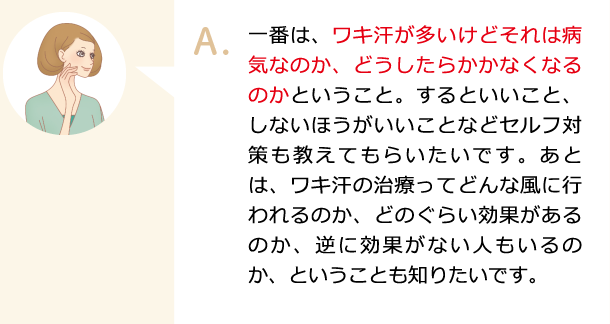 一番は、ワキ汗が多いけどそれは病気なのか、どうしたらかかなくなるのかということ。するといいこと、しないほうがいいことなどセルフ対策も教えてもらいたいです。あとは、ワキ汗の治療ってどんな風に行われるのか、どのぐらい効果があるのか、逆に効果がない人もいるのか、ということも知りたいです。